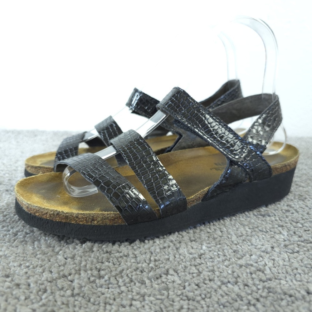 Naot Kayla Sandals Womens Size 7 Shoes 38 EU Black Leather Strappy Wedge Reptile